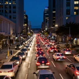 traffic jam in san francisco at night, cars in foreground, traffic lights, high buildings, architecture, cars, reflections, cars, pov, medium close, camera flash
