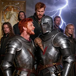 stunning portrait of ( ( ( laughing ) ) ) ( ( ( ( red haired chris hemsworth ) ) ) ) as destruction from sandman looking like kristofer hivju!!, medival armour, by jeremy mann, by frank moth, by jeff easley, by alphonse mucha, dave mckean, thunder & lightning, soft lightning, high detailed, 8 k