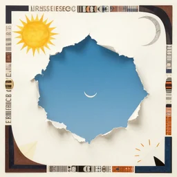 a hole torn in the sky like a piece of paper, sunburst and lunar ring, sense of longing, rule of thirds, clever design, decorative modern graphic design collage border, by hannah hoch and jesse treece and christian jackson and josh brill