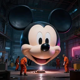 a giant mickey mouse head beign drilled by a workers wearing orange coveralls inside of a dark old warehouse, netflix neon in the background, cinematic, art by beeple and wlop, digital art, trending on artstation