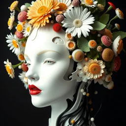 biomechanical beautiful woman portrait with a smooth carved porcelain ivory profile face, futuristic haute couture, iris van herpin, headdress with daisies, colorful puffballs, leaves, mushrooms, rhizomorphs, brackets, sponge corals, laser cut paper, red lips, black tendrils, hyper detailed, ultra sharp, 8 k, uhd