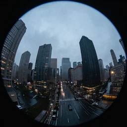 A cityscape view using a fish-eyed lens from the Heavy Metal movie.  Rainy day.  Dusk.