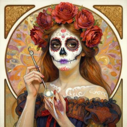 realistic detailed painting of a cute Día de los Muertos girl by Alphonse Mucha Ayami Kojima Amano Charlie Bowater, masterpiece