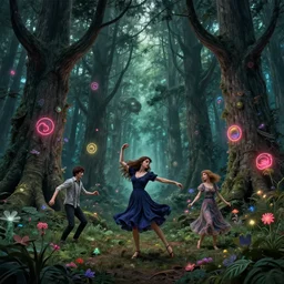 having a good time, dancing in the forest, giant trees, flowers, neon, by Ross Tran, Basil Gogos,  Laurie Lipton, Zdzisław Beksiński, Junji Ito, Laurie Lipton,  and Michael Whelan, distant, gustav dore, H.R. Giger, 8k, hd, 4k, hyper, realistic, octane render