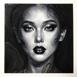 liquid marble acrylic fluid paint, black ink, iridescent colours, beautiful female face