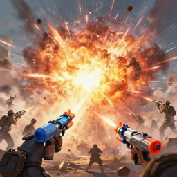 Water gun and nerf gun fight, Huge battle, epic fight, shockwave, cinematic battle, vast, sense of scale, trending on art station, 8k