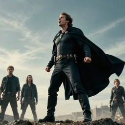 a man wearing cape shout at sky ; 4 k epic cinema