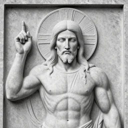 muscular gigachad benediction, gigachad jesus, pointing to heaven with two fingers, hand of benediction, stone relief, holy iconography, grayscale
