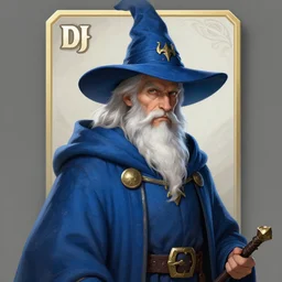 a DnD character card of a wizard with a white beard and a blue robe and a wizard hat, hyperdetailed concept art by Ross Tran and Greg Rutkowski, realistic, trending on ArtStation, 8k