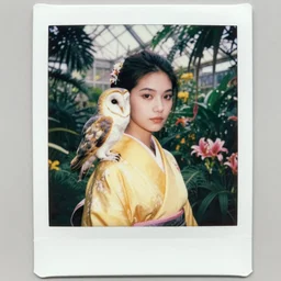 head to shoulder portrait Polaroid film photograph of an elegant top model wearing a yellow kimono with a very detailed barn owl on her shoulder!!! in a tropical greenhouse. looking at the camera!!. super resolution. Polaroid 600 film. art by Alessio albi and  john william waterhouse.