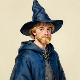 Heath Ledger young wizard with blonde hair and blond beard wearing a blue robe and pointy hat, illustration by Arthur Rackham