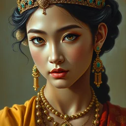 clothed in blouse, tiara, necklace, earrings. close - up face portrait painting of young hindu chinese mahabharata three kingdoms princess, by boris vallejo.