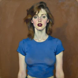 expressive medium shot portrait of a pale sexy young 8 0 s model busty woman with tomboy brown hair, big maroon lips, wearing a blue tight tshirt, brown background, oil painting, impasto, muted colors, artwork by lucian freud, arnold bocklin, paula rego