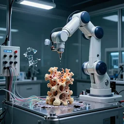 a complex thick bifurcated robotic cnc surgical arm cybernetic symbiosis hybrid mri 3 d printer machine making some organic ceramic fractal forms in a glass living room laboratory room with control panels, glass data cables, broken open hive mind, knobs, camera lens orbs, dramatic 3 point lighting, highly detailed larval stage,