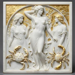 white marble, white marble bas relief sculpture, white and gold kintsugi, feminine shapes, crabs, spiders, scorpions, tarantulas, stunning, art by hr geiger and ridley scott and alphonse mucha and josephine wall, highly detailed, intricately detailed, art nuevo, octane, 8 k, trending on artstation