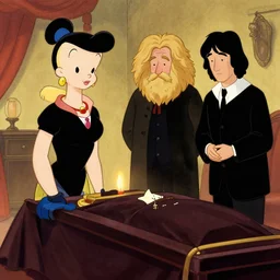 cartoon illustration of Olive Oyl (popeye's girlfriend) with isacc newton and john lennon at a wake