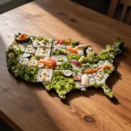 a map of United States made from sushi on a wooden table