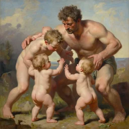 photo - realistic painting of giant man - babies battling