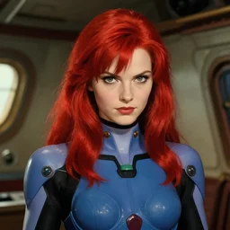 intense demeanor. close portrait. ship interior bg. screenshot of a scene in metroid zero of pretty beautiful woman painted by norman rockwell. character designed by hideaki anno. bodysuit. lustrous red hair. digital. lighting by james gurney. trending on artstation. masterpiece. artgerm mucha rutkowski.