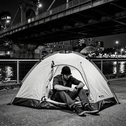 homeless mans sit in a tent under the bridge, new york, night, concept art, very detalisation, black and white