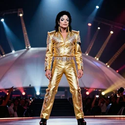 michael jackson standing on stage live at the indoor o 2 arena wearing a sparkling gold and diamond outfit with large thin shoulder pads doing a concert, multiple flashing lights and colorful spotlights, beautiful photography, cinematic, award - winning photo, highly detailed, this is it