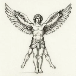 vitruvian man sketch of a 6-winged angel wearing ornate armor