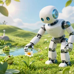 close-up of a robot reaching down to grab a single flower in the grass, utopian grassy landscape background, pond with frogs and lilypads, sun shining through the leaves, 3d render, Unreal Engine, octane render, ray tracing, Unity, highly detailed, high quality, HD, 4k, 8k, realistic, sharp, trending