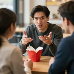 a talking takeout box, arguing with a customer
