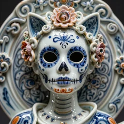 La Catrina, A Close up photo-real delicate ceramic porcelain sculpture of a symmetrical ornate detailed in front of an intricate background by Victo Ngai and takato yamamoto, micro detail, backlit lighting, face in focus, subsurface scattering, translucent, thin porcelain, colorful, physically based rendering, japanese pottery, trending on cgsociety