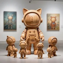 8 k octan advertising detailed photo, beautiful a totally wooden sculpture collection art toys on feet, very cute hippy astronaut zen with cat ears, cyberpunk a contemporary art gallery sharp focus, masterpiece nofinito