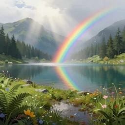 an alpine lake, ornate, beautiful, atmosphere, vibe, mist, rainbow, wet, puddles, fern, flowers, concept art illustration, color page, tone mapping, akihiko yoshida, james jean, andrei riabovitchev, marc simonetti, digital illustration, greg rutowski, volumetric lighting, sunbeams, particles