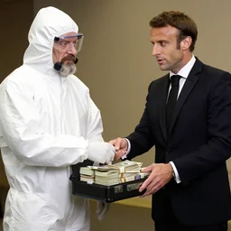 Emmanuel Macron in a tuxedo giving a briefcase full of money to Walter White in a hazmat