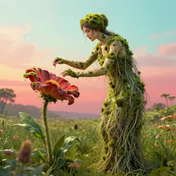 a beautiful woman mutating in to flower, covered with thin tendrils and moss, by jean delville, by edmund dulac, by jean giraud, by ellen jewett, landscape photography composition, vivid colors, octane render, redshift render