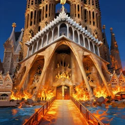 an obsidian Sagrada Família cathedral with a giant obsidian door, with a bridge leading to the door, in the elemental plane of fire, with rivers of lava surrounding it, Dungeon and Dragon illustration, painted by Greg Rutkowski, 4k, trending on ArtStation