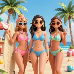 extremely attractive bikini girls on a beach with palm trees high detail 3 d render octane art station digital art detailed sunglasses surfboard beach bar summer