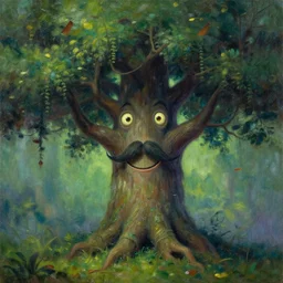 a magic talking tree ent with eyes, smiling mouth and a moustache, fantasy concept art, oil painting by dorina costras, by artgerm