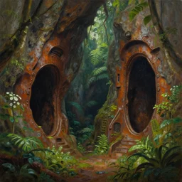 rusty cave openings in the jungle, matte oil painting, by frank herbert, retrofutistic, science fantasy, rpg, epic, extremely detailed, sharp focus, 4 k