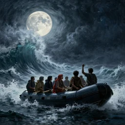 illegal immigrant group in inflatable boat sea big storm, moon, lovecraftian style, light, huge waves, starry night, by gutav dore, painting, volumetric light, uplight, global illumination, intricate, detailed, atmospheric lighting, illegal immigration, boat people