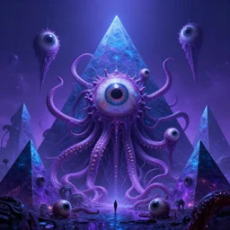 An Eldritch Organic Dystopian Empire of The Void made of eyeballs and tentacles, Purple and Blue colored, 4k, Pyramids. masterpiece, cinematic, glowing, by Greg Rutkowski, Trending on Artstation, Behance. Polished, Volumetric Lighting