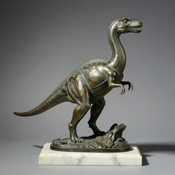 antique 1930s France art deco. bronze figurine of a dinosaur dancing. on marble base. by Briand Marcel Bouraine. 30cm. high detail photograph. studio