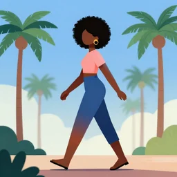 woman walking with backdrop showing the sky, palm trees. afrofuturistic, in minimal colourful geometric illustration style digital painting artistic expression