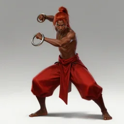 Full body Picture of a Battle Dancer, arab inspired, wearing two metallic rings, dark brown skin, light red hair, waist reaching ponytail, crimson attire, exposed midriff, battle, detailed face features, dark green eyes, D&D, by artgerm and Craig Mullins, James Jean, Andrey Ryabovichev, Mark Simonetti and Peter Morbacher, matte painting, trending on artstation, artstationHD, artstationHQ, octane, full HD, 16K, only two legs, realistic