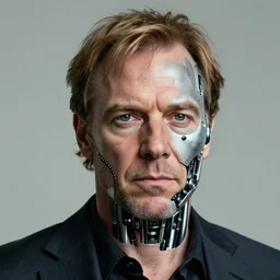 realistic detailed portrait of gus fring with half of his face replaced by robotic parts