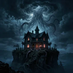 in the style of charlie bowater, dean cornwell, steve niles : : stunning, spooky haunted house on a cliff : : tentacles coming down from the sky : : lighting, clouds, storm : : night time : : lovecraftian : : cinematic lighting : :