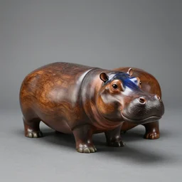 a museum - quality wooden hippopotamus made of polished wood with a blue ceramic head, hd photograph, matte gray background