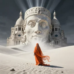 one lone singular swirling otherworldly angelic figure shrouded in orange robes emerges from extensive barren white dunescape, gigantic ancient head sculpture, matte painting by peter mohrbacher and filip hodas, background basilica! sacre coeur, godrays, high contrast, highly detailed