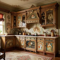 a beautiful intricate victorian kitchen, 4 k, ultra - wide angle, elagant, highly detailed, photorealistic, octane render, 8 k, unreal engine, by william turner, by victo ngai, by alphonse mucha, by miho hirano, by moebius, hd, trending on artstation, hyper detailed, intense colors