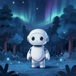A small glossy white robot stands in a forest of softly glowing blue trees at night. The sky above has many stars and a beautiful aurora. Cyril Roland naomi okubo. Trending on artstation. Digital painting.