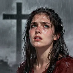 impudent facial expression of shameless woman, shadow of the cross,  atmosphere of bloody rain, trending on artstation, highly detailed, digital painting, volumetric light, concept art, sharp focus, illustration