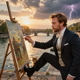 clean shaven mcgregor is dressed as a gentleman at early 2 0 th century paris. he is watching an easel. that easel has a canvas on it. ewan mcgregor has a brush on his hand. he is painting a painting. there is a small brown cat with yellow eyes on ewan mcgregors feet. on background has river seine, morning sun, golden lights, dark clouds, lightning, by rembrandt